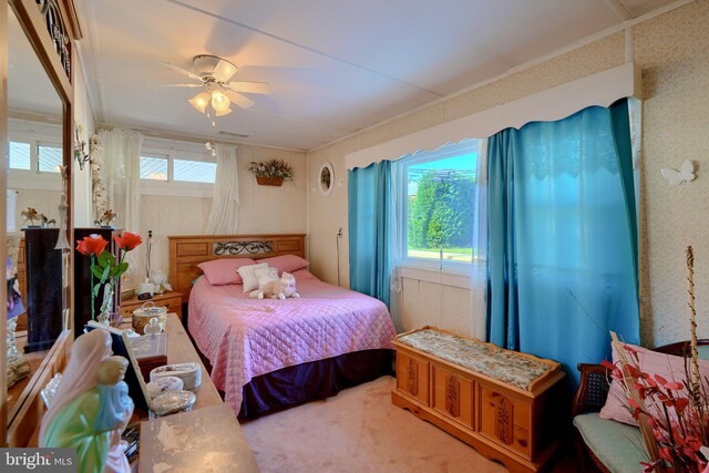 bedroom featuring multiple windows and ceiling fan