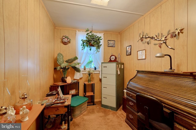 carpeted office with wooden walls