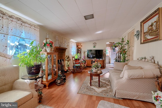 living room featuring a fireplace, wood-type flooring, and a healthy amount of sunlight