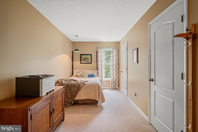 bedroom with light carpet