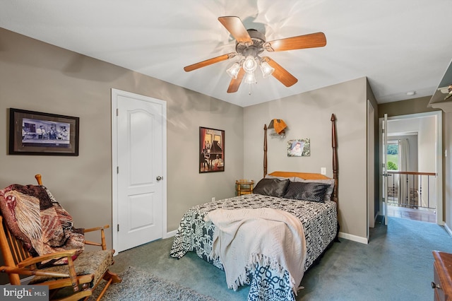 bedroom featuring carpet floors and ceiling fan