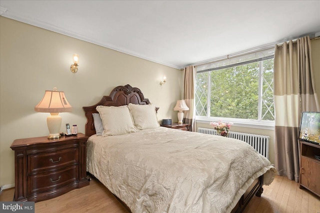 bedroom with radiator and light hardwood / wood-style flooring