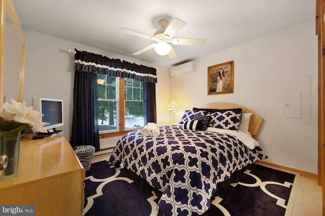 tiled bedroom featuring an AC wall unit, ceiling fan, and baseboard heating