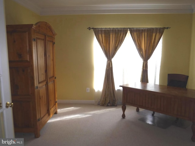 office area featuring light carpet and crown molding