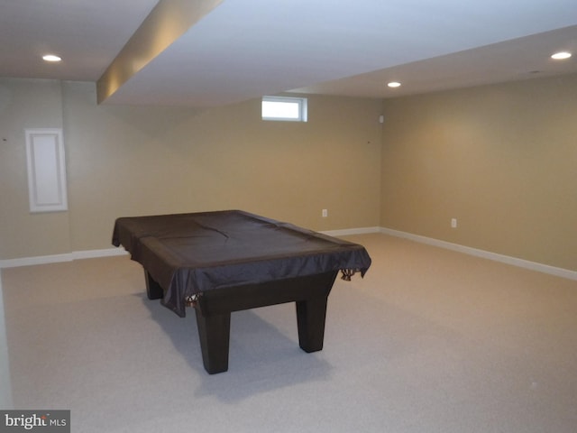 playroom featuring light carpet and billiards