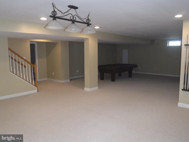 basement with light carpet and pool table