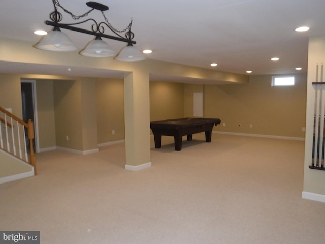 rec room featuring light carpet and billiards