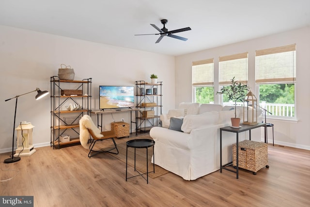 living room featuring ceiling fan and hardwood / wood-style flooring