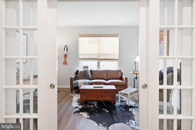 living room featuring french doors and hardwood / wood-style flooring