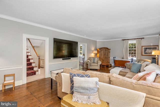 living room featuring ornamental molding and hardwood / wood-style floors