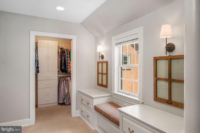 interior space featuring vaulted ceiling, a healthy amount of sunlight, and light colored carpet