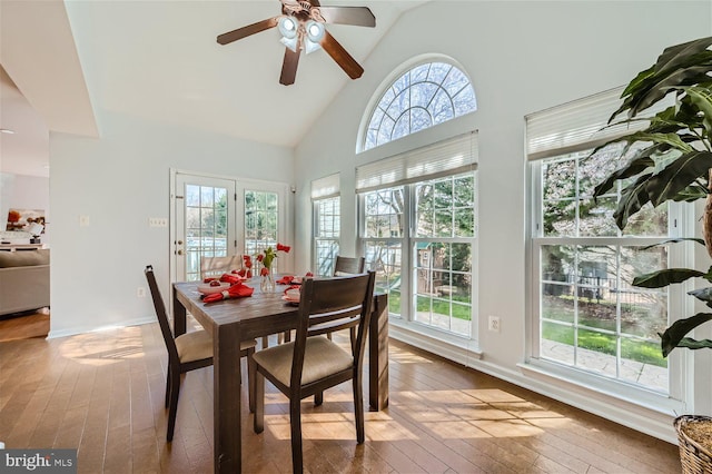 dining space with hardwood / wood-style flooring, ceiling fan, and a wealth of natural light