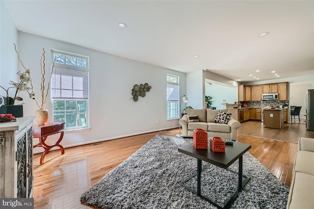 living room featuring a wealth of natural light and light hardwood / wood-style flooring