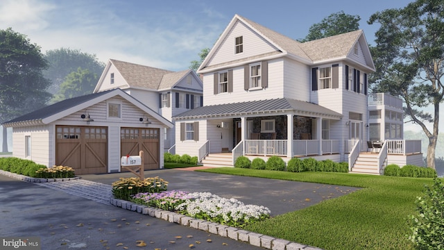 view of front of home featuring a porch, a garage, and an outdoor structure