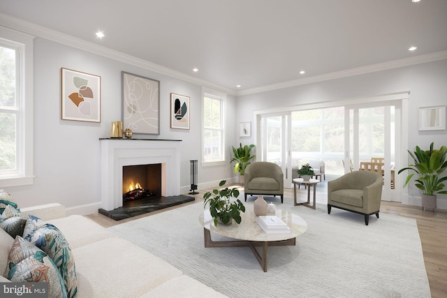 living room with a healthy amount of sunlight, light hardwood / wood-style floors, and crown molding