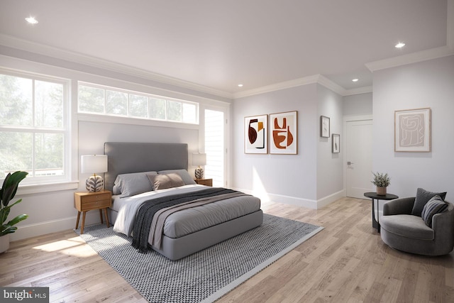 bedroom with crown molding and light wood-type flooring