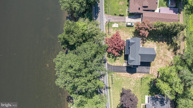 drone / aerial view with a water view