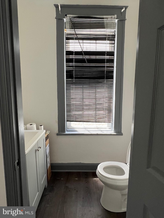 bathroom with hardwood / wood-style flooring, toilet, and vanity