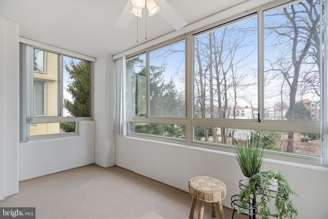 unfurnished sunroom featuring ceiling fan and plenty of natural light