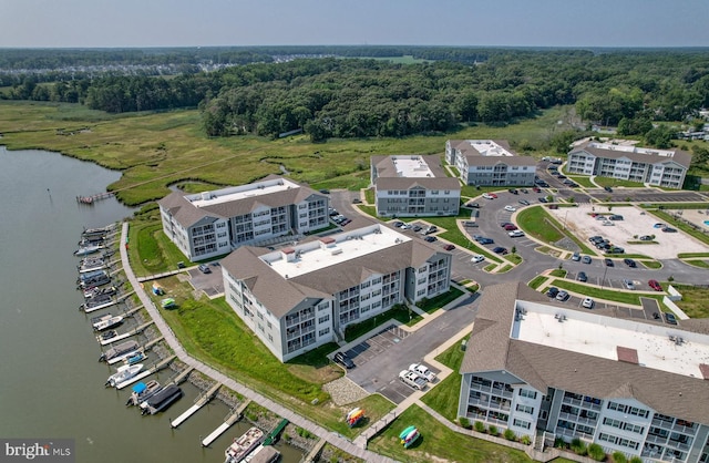 bird's eye view with a water view