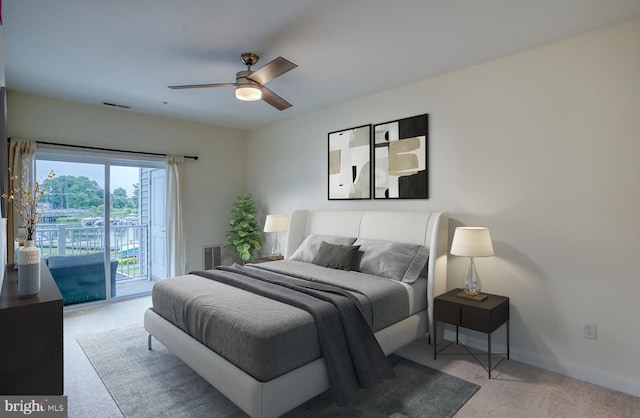 bedroom featuring ceiling fan, access to outside, and light carpet