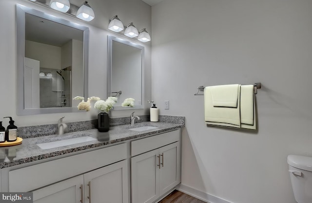 bathroom featuring toilet, hardwood / wood-style floors, dual vanity, and walk in shower