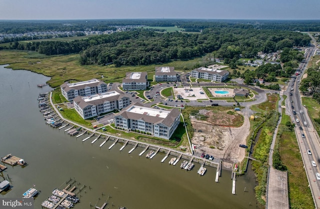 bird's eye view with a water view