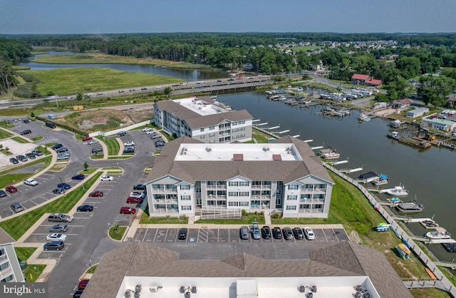 drone / aerial view featuring a water view