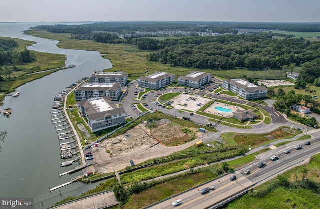 drone / aerial view featuring a water view