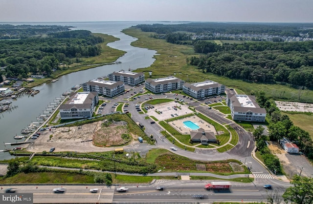 aerial view featuring a water view