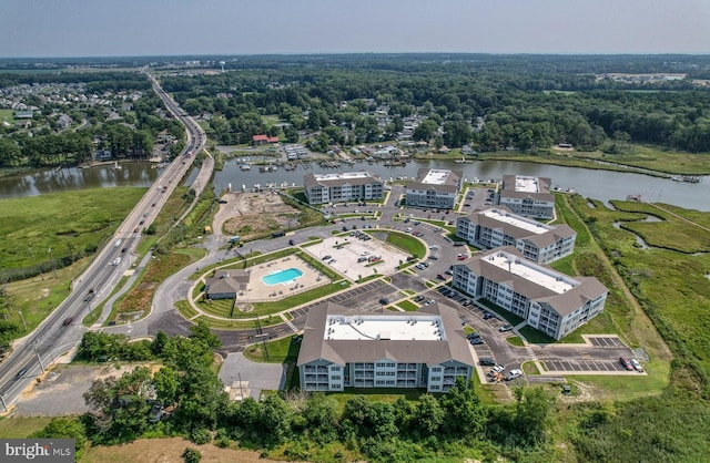 bird's eye view with a water view