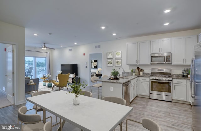 kitchen with ceiling fan, appliances with stainless steel finishes, light hardwood / wood-style floors, sink, and kitchen peninsula