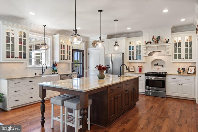 kitchen featuring pendant lighting, appliances with stainless steel finishes, dark hardwood / wood-style floors, an island with sink, and white cabinets