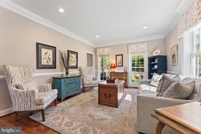 living room featuring crown molding and light hardwood / wood-style flooring