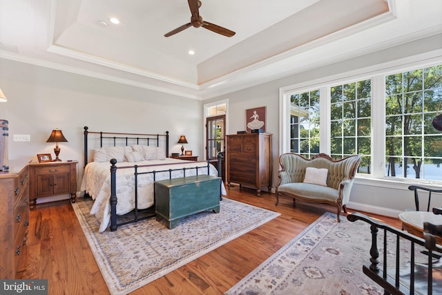 bedroom with ceiling fan, a raised ceiling, and multiple windows