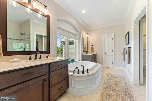 bathroom with vanity, crown molding, tile patterned floors, and independent shower and bath