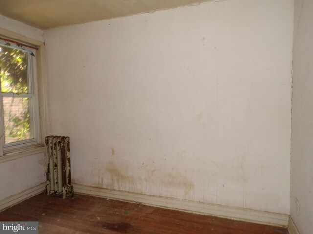 empty room featuring plenty of natural light, radiator, and dark wood-type flooring