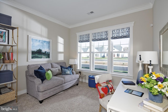 living room with carpet flooring, a wealth of natural light, and ornamental molding