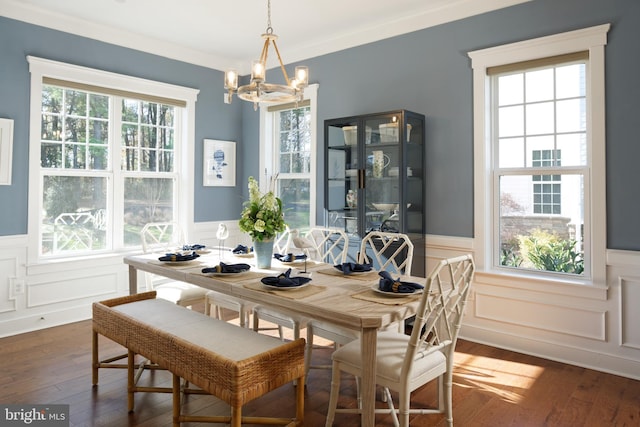 dining space with a chandelier, dark hardwood / wood-style floors, and ornamental molding