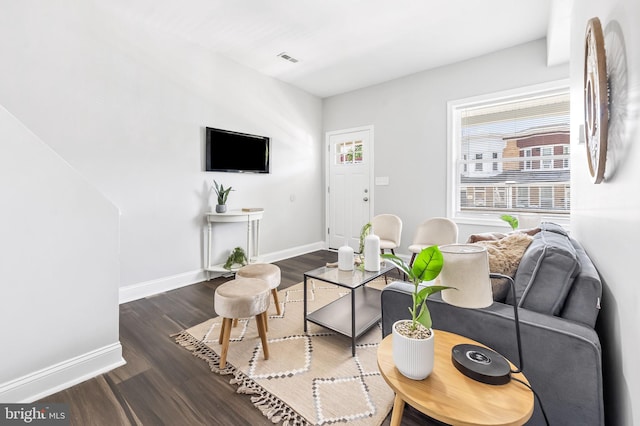 living room featuring dark wood-type flooring