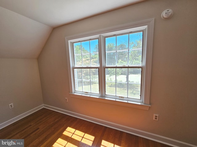 additional living space featuring vaulted ceiling and dark hardwood / wood-style floors