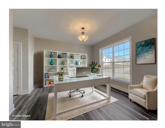 home office with dark wood-type flooring