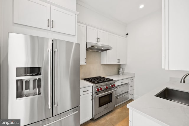 kitchen with white cabinetry, sink, light stone countertops, premium appliances, and backsplash