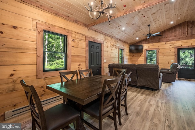 dining space featuring vaulted ceiling, wood ceiling, and wood walls