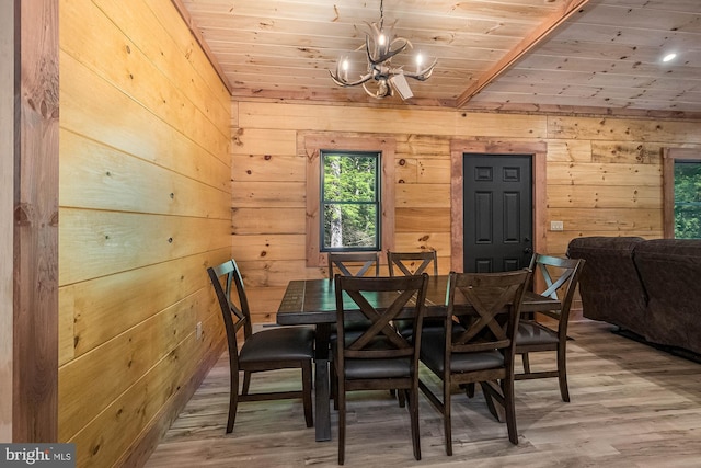 dining room with a chandelier, wood ceiling, hardwood / wood-style floors, and wooden walls