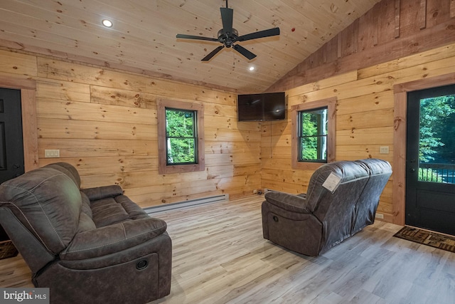 living room featuring ceiling fan, vaulted ceiling, wooden walls, and wooden ceiling