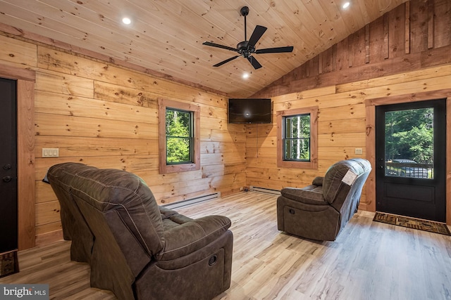 sitting room featuring wooden ceiling, vaulted ceiling, light hardwood / wood-style flooring, and wooden walls