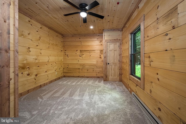 spare room featuring ceiling fan, wood walls, carpet flooring, baseboard heating, and wooden ceiling