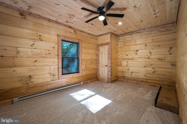 carpeted spare room with ceiling fan, a baseboard radiator, wood walls, and wooden ceiling