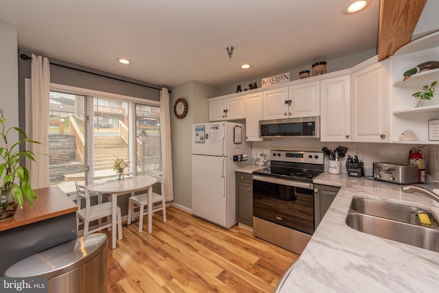 kitchen featuring white cabinetry, sink, light hardwood / wood-style flooring, backsplash, and appliances with stainless steel finishes